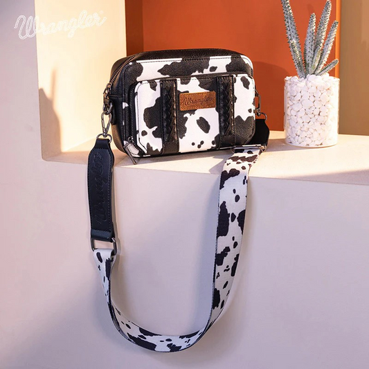 BOLSO WRANGLER WG133-3003 Cow Print Crossbody Purse With Wallet Compartment - Black