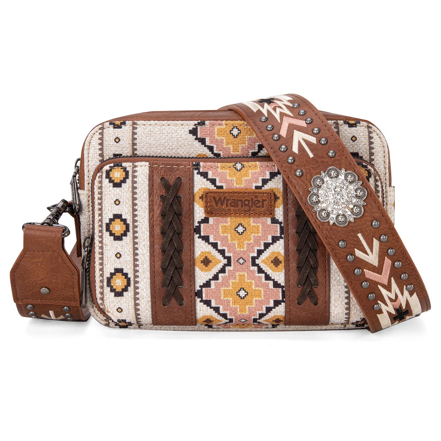 BOLSO WRANGLER WG2207-3003 Aztec Printed Crossbody Purse With Wallet Compartment - Coffee