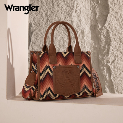 BOLSO WRANGLER WG2211-8120SBR Southwestern Pattern Dual Sided Print Concealed Carry Tote//Crossbody - BROWN