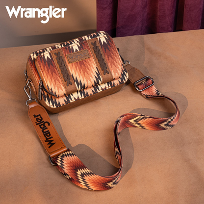 BOLSO WRANGLER WG2211-3003BR  Southwestern Pattern Dual Sided Print Crossbody Purse With Wallet Compartment -Brown