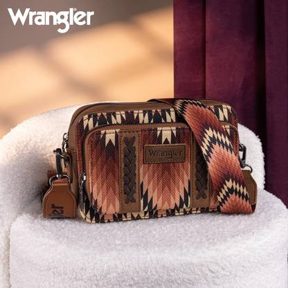 BOLSO WRANGLER WG2211-3003BR  Southwestern Pattern Dual Sided Print Crossbody Purse With Wallet Compartment -Brown