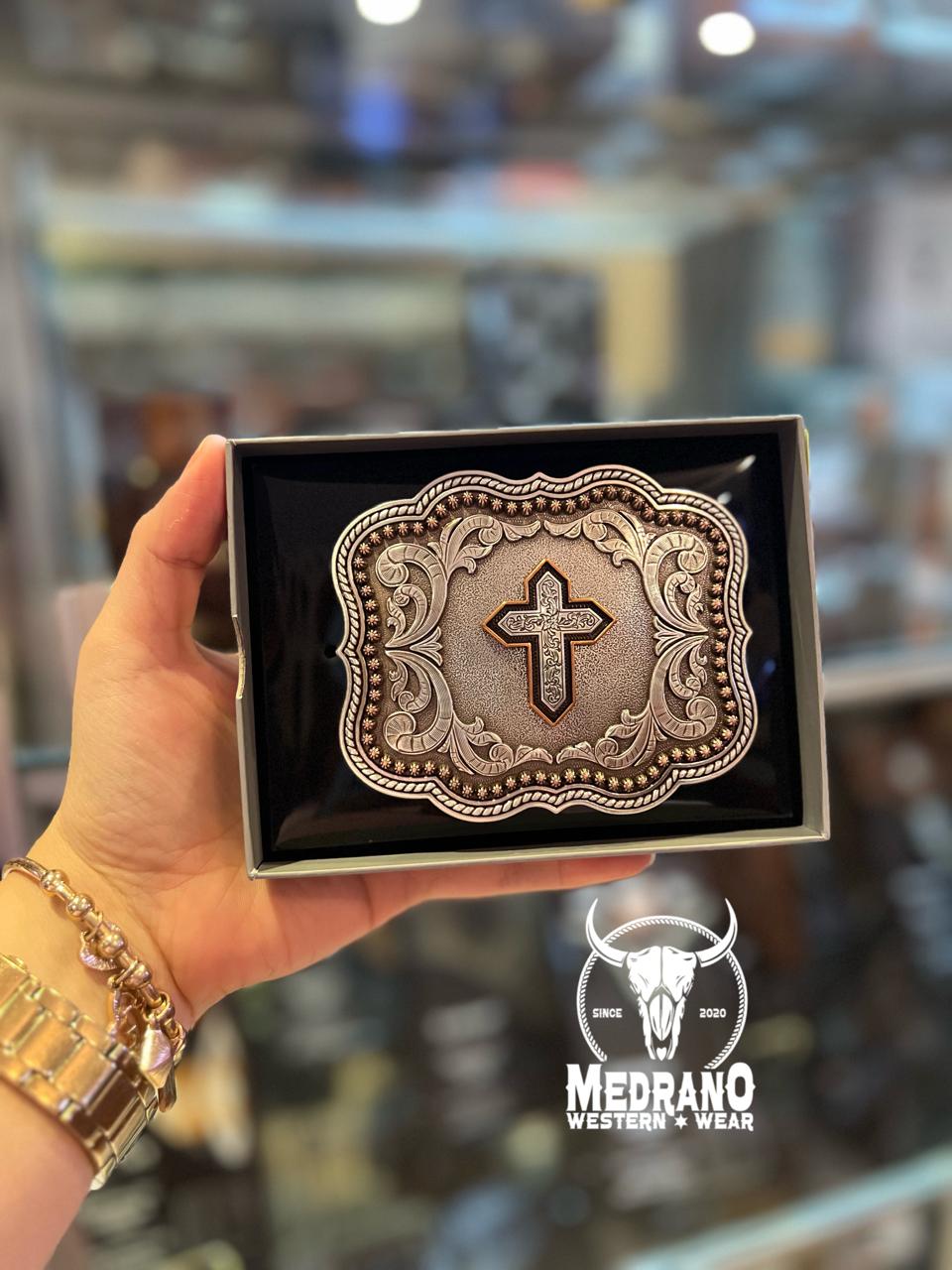 HEBILLA NOCONA 37911 - Rectangular Scalloped Copper Cross Buckle