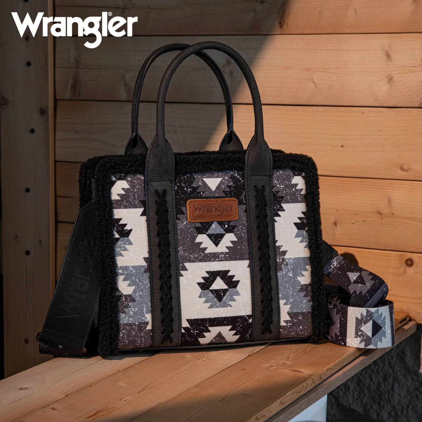 BOLSO WRANGLER WG166-8120S Sherpa Southwestern Print Small Canvas Tote/Crossbody Black