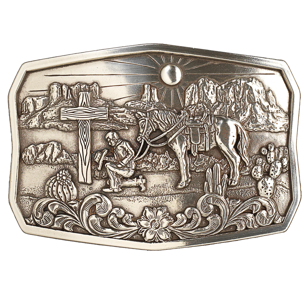 HEBILLA NOCONA 37909 - Rectangoe Praying Cowboy Cactus Antique Silver Buckle