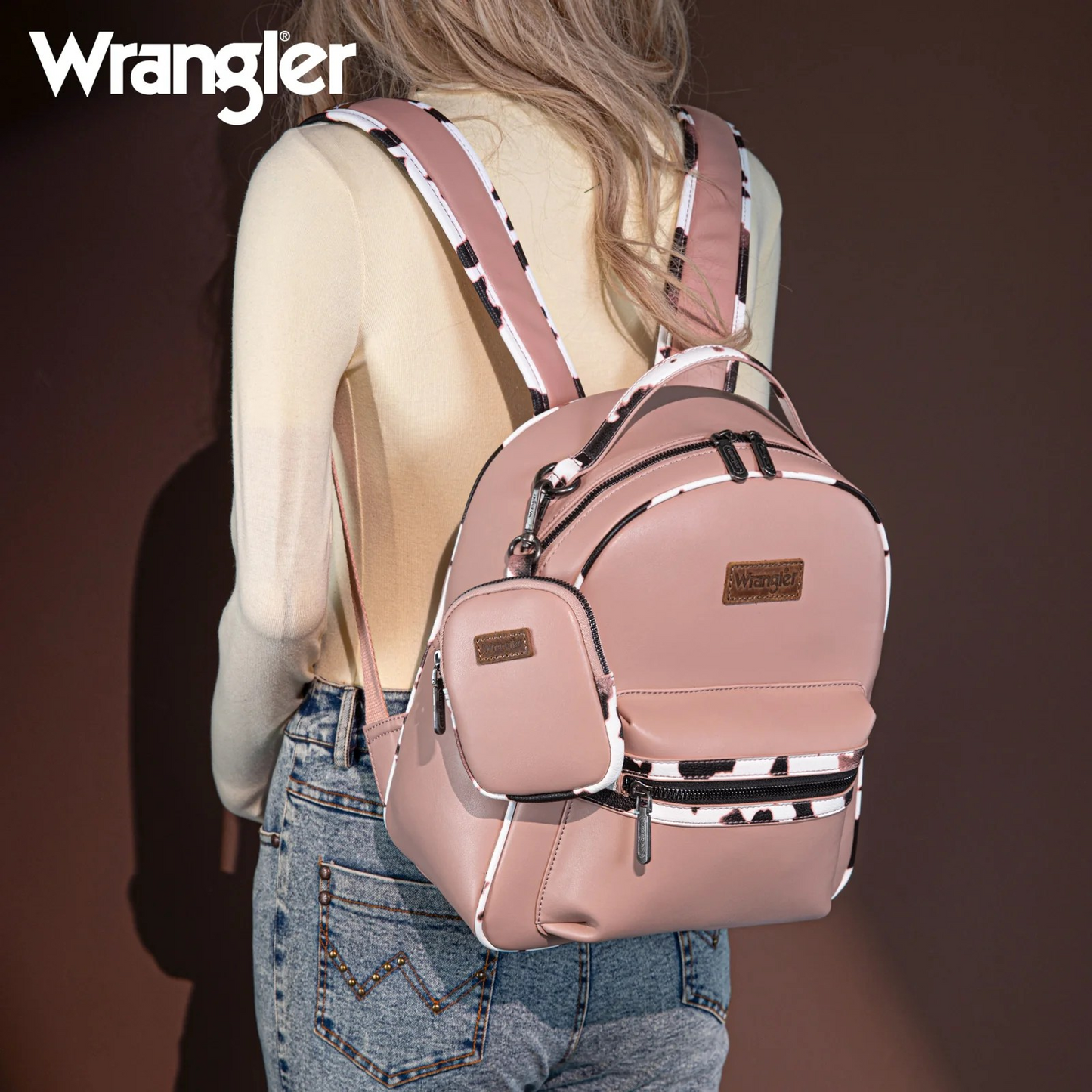 BOLSO WRANGLER WG102-8603PK Cow Print Backpack With Coin Pouch - Pink