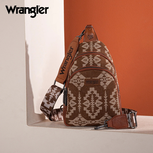 BOLSO WRANGLER WG2212-226BR Southwestern Print Small Canvas Sling Bag/Crossbody/Chest Bag - Brown