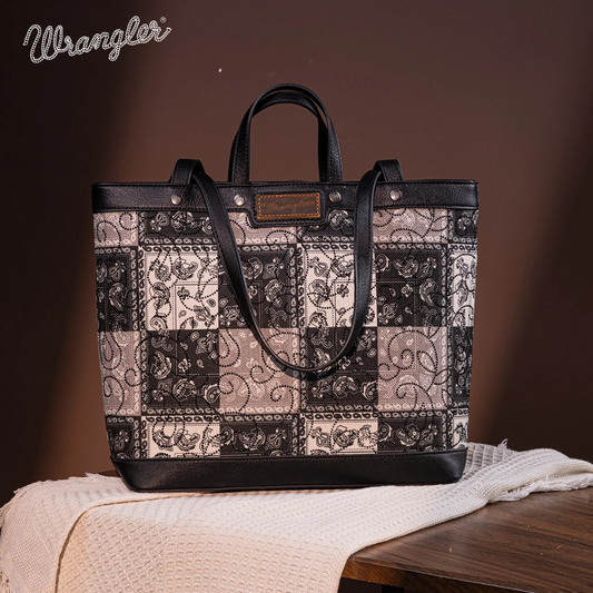 BOLSO WRANGLER WG138-2002 Paisley Pattern Dual Sided Print Tote- Black