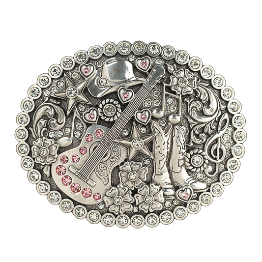 HEBILLA BLAZIN ROXX Ladies Rhinestone Music Engraving Oval Silver Belt Buckle 37933