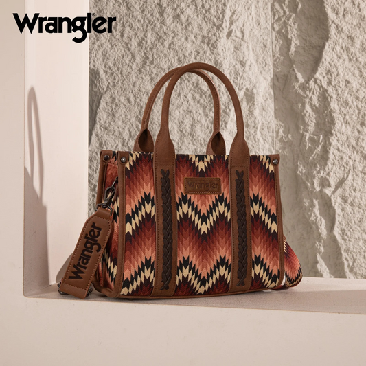 BOLSO WRANGLER WG2211-8120SBR Southwestern Pattern Dual Sided Print Concealed Carry Tote//Crossbody - BROWN