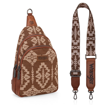 BOLSO WRANGLER WG2212-226BR Southwestern Print Small Canvas Sling Bag/Crossbody/Chest Bag - Brown