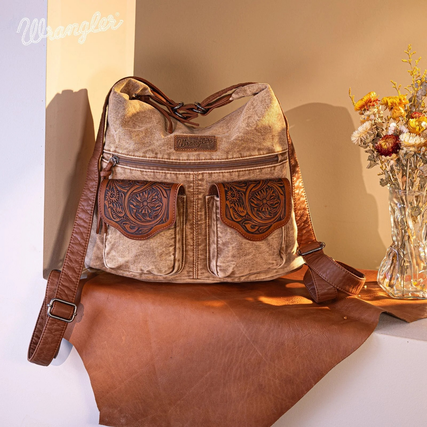 MOCHILA WRANGLER Floral Tooled Denim Hobo/Crossbody Backpack WG103-2008BR